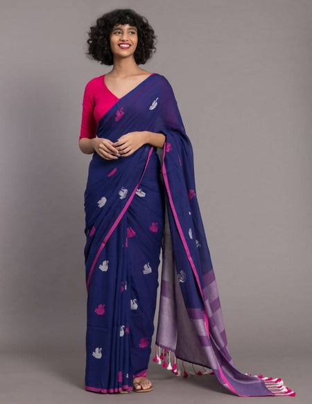 Suta Blue Pink Ethnic Motifs Handloom Cotton Woven Saree