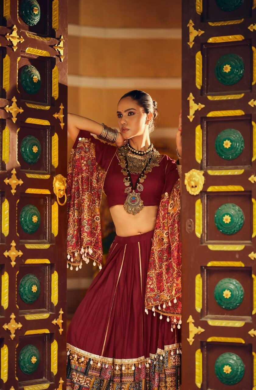 Teeya Creation Maroon Colour Rayon Silk Digital Print Fully Stitched Navratri Lehenga