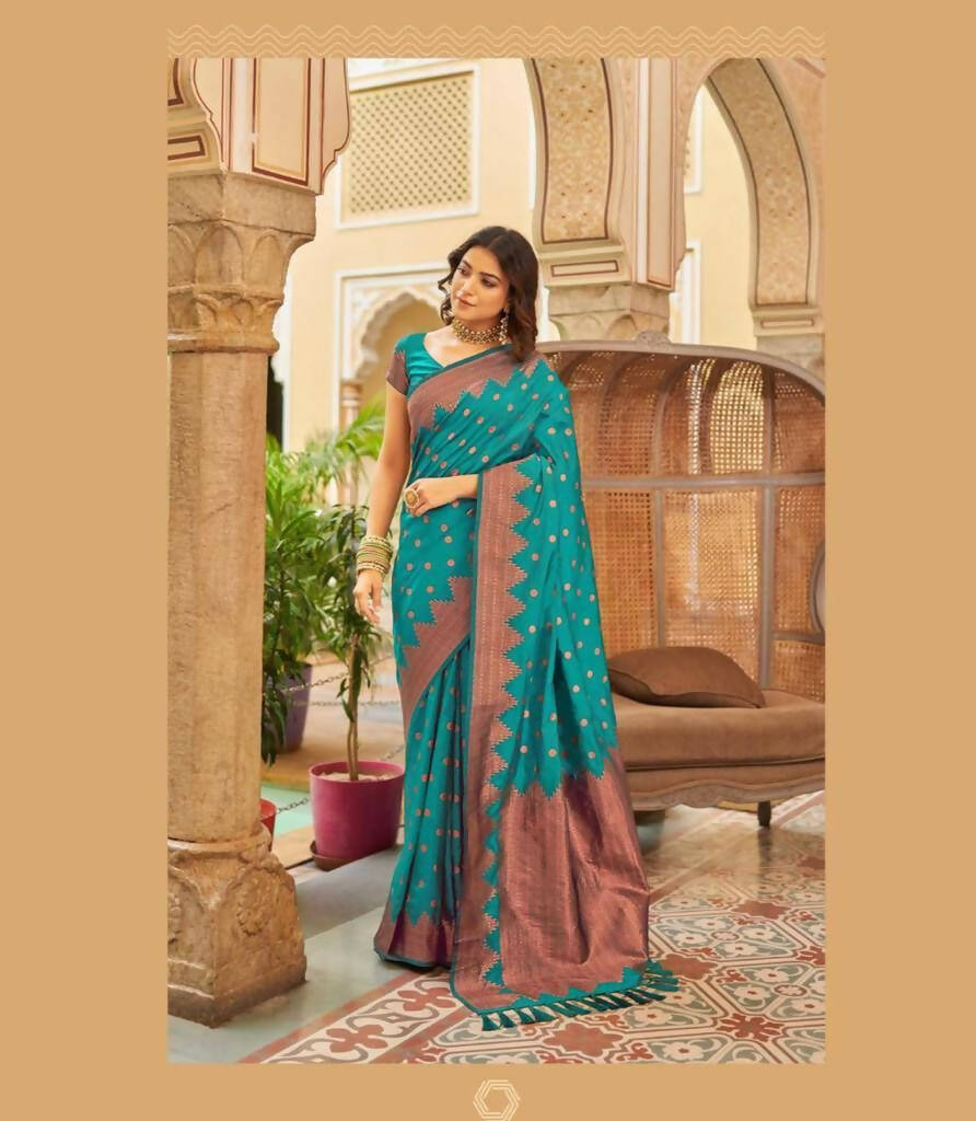 DEIANA'S Beautiful Designer Golden zari Soft Lichi Silk Saree - Sky