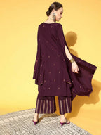 Ahalyaa Women Wine Colour Crepe Gold Glitter Print Kurta Palazzo Set - Distacart