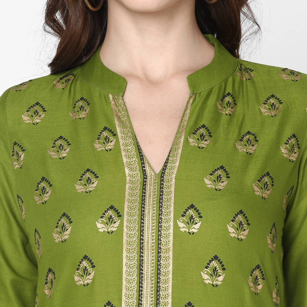 Cheera Hand Block Print Olive Green Straight Kurta (MAAI-044K)