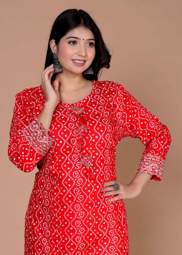 Miravan Women's Festive Wear Red Bandhani Printed Straight Kurta