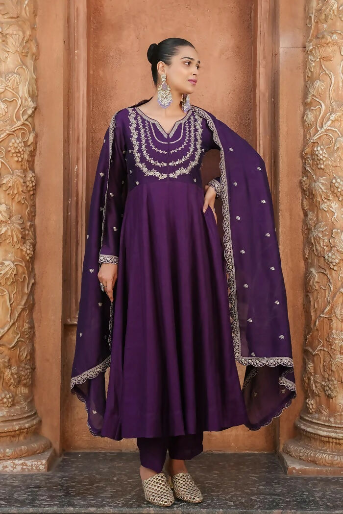 The52 Wine Women's Gorgeous Vichitra Silk Fabric Embroidered Work Flared Anarkali Pant and Dupatta Set - Distacart