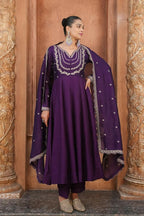 The52 Wine Women's Gorgeous Vichitra Silk Fabric Embroidered Work Flared Anarkali Pant and Dupatta Set - Distacart