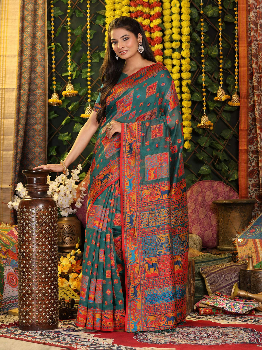 Shree Shyam Fashion Linen Cotton Rama Green Saree - Distacart