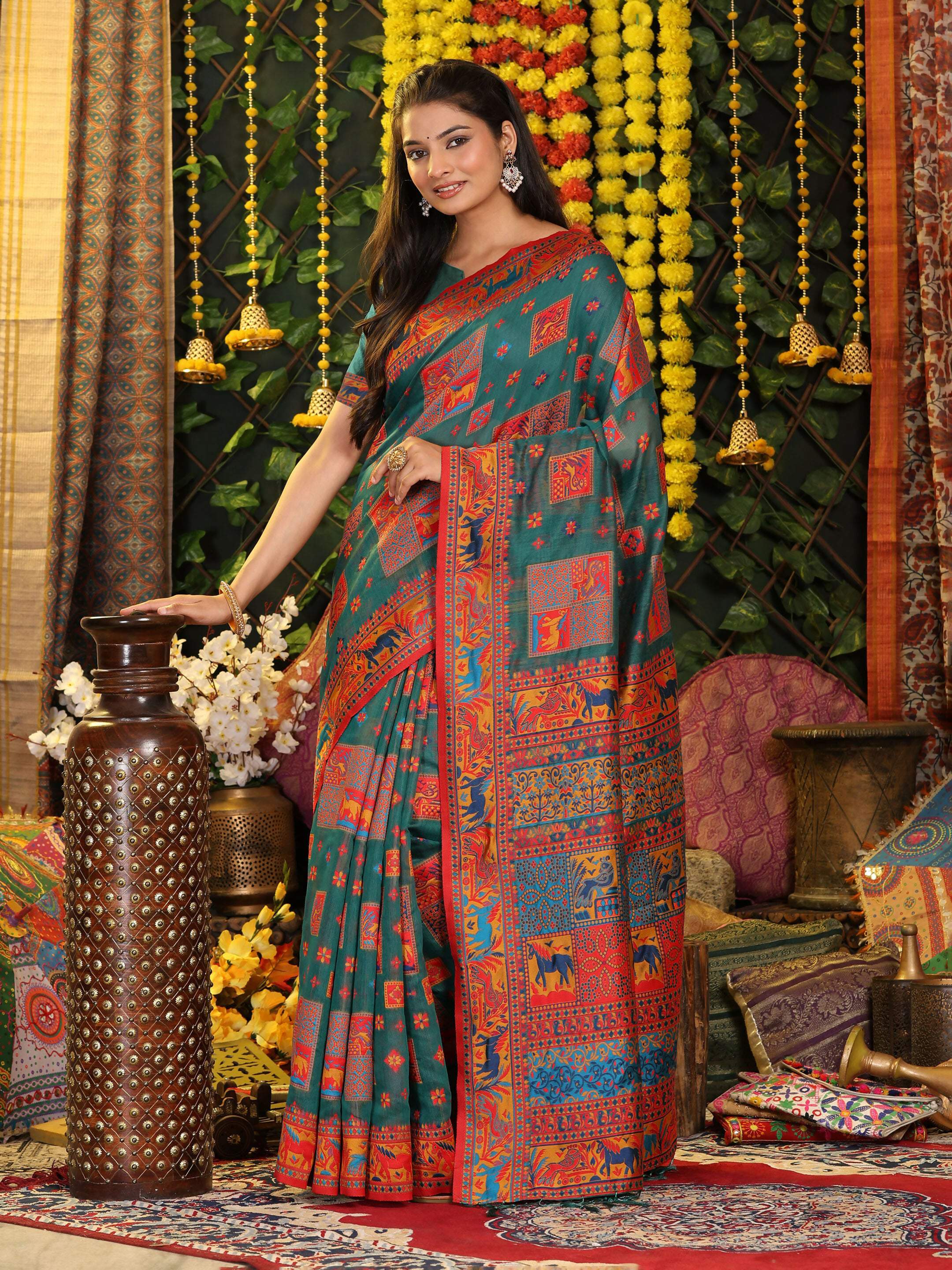 Shree Shyam Fashion Linen Cotton Rama Green Saree - Distacart