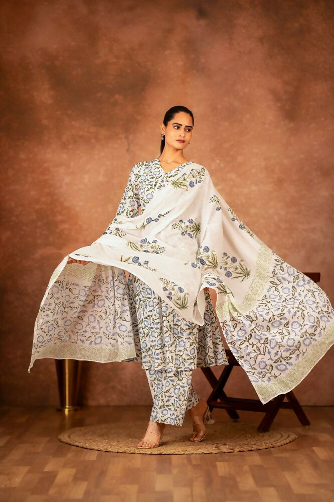 Joban Fashion Blue Hand Block Printed Cotton Suit Set - Distacart