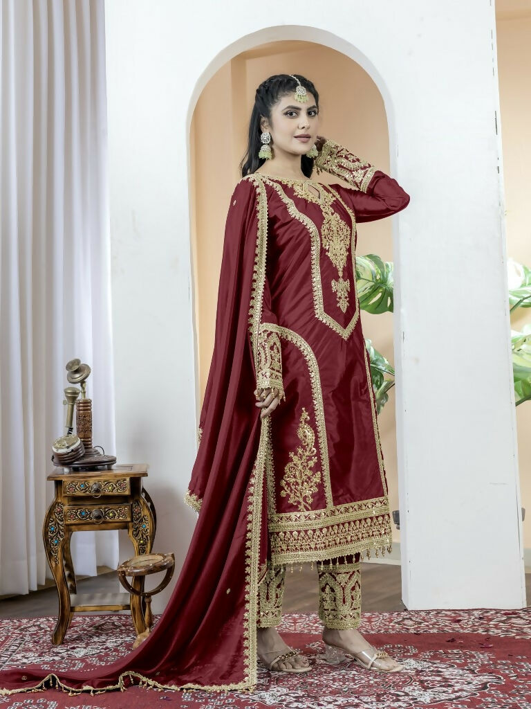 Teeya Creation Maroon Color Chinnon Silk Embroidery Work Fully Stitched Salwar Suit - Distacart