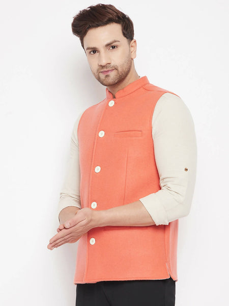 Even Apparels Orange Wool Men Woven Nehru Jacket