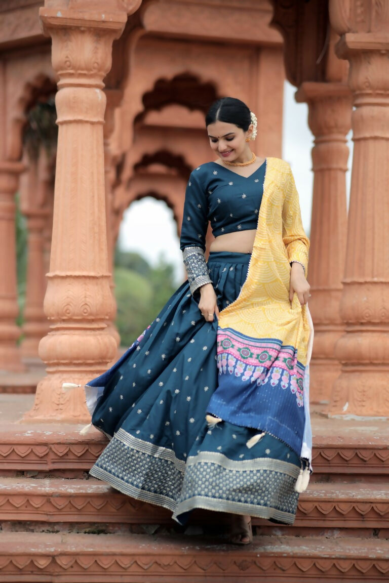 Vastranavya Navaratri Collection Myra Silk Lehenga & Blouse With Maslin Crochet Printed Dupatta Set - Turquoise