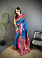 Joban Fashion Royal Blue Banarasi Soft Silk Peacock Butta Work Saree - Distacart