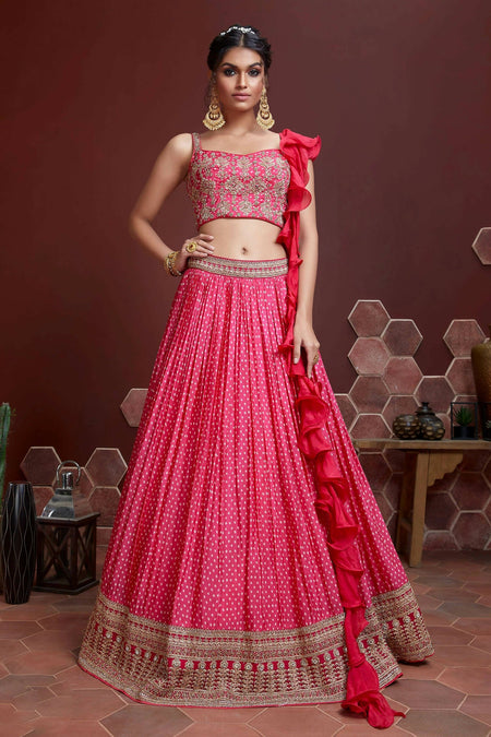 Wedding Designer Pink Chinon Silk Lehenga Choli - Anbazaar