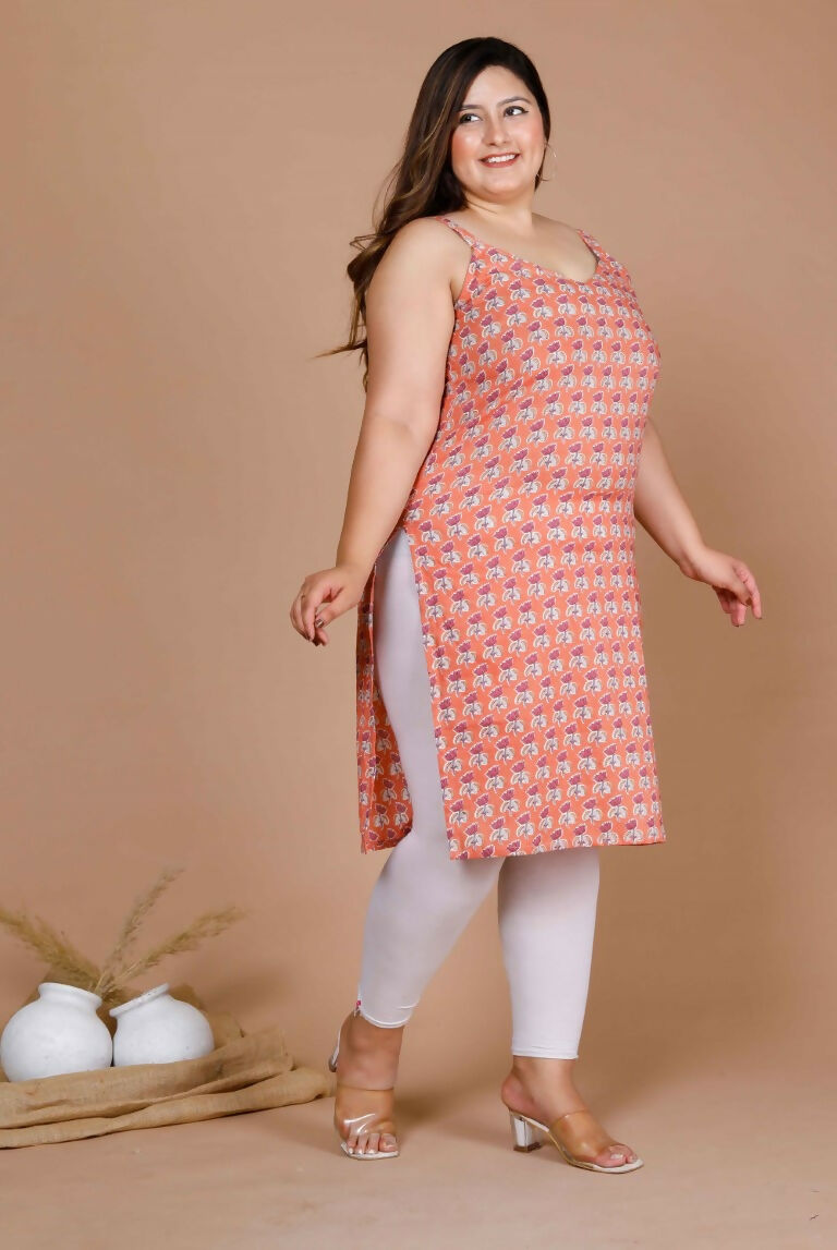 Miravan Women's Plus Size Peach-Coloured Floral Printed Straight Kurta