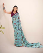Vastranavya Sea Green Lurex Brasso Floral Printed Saree with Unstitched Blouse - Distacart