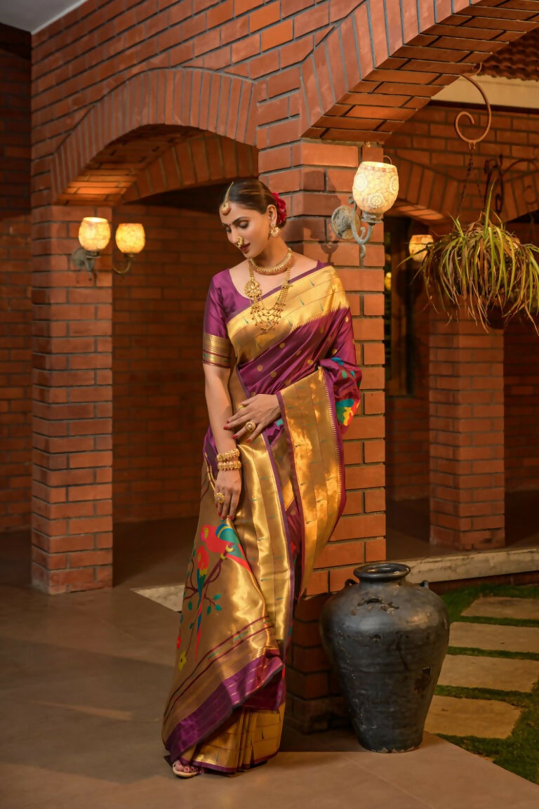Jyoti Fashion Women's Wine Paithani Silk Zari Woven Saree with Blouse