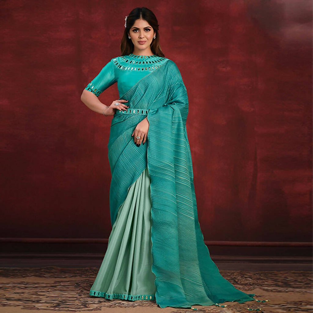 Aqua Blue Crepe Silk Georgette Mirror Thread Work/ Texture Pallu Saree - Mohmanthan Kimiya
