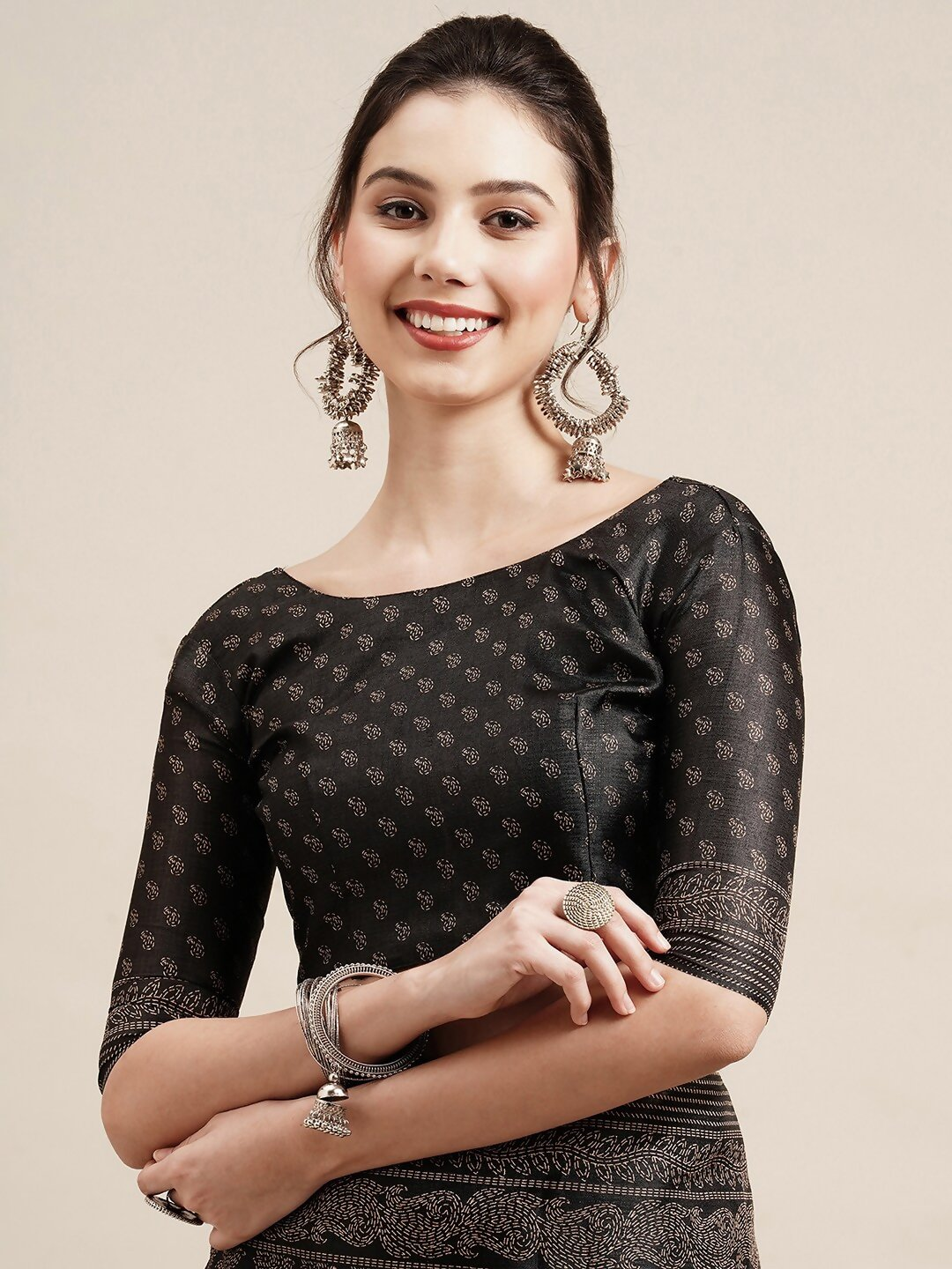 Saree Mall Black & Grey Floral Printed Art Silk Bhagalpuri Sarees
