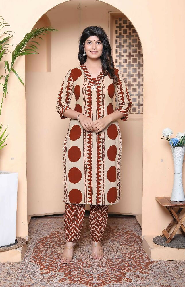 Miravan Womens Brown Pure Cotton Kurta With Palazzo Set
