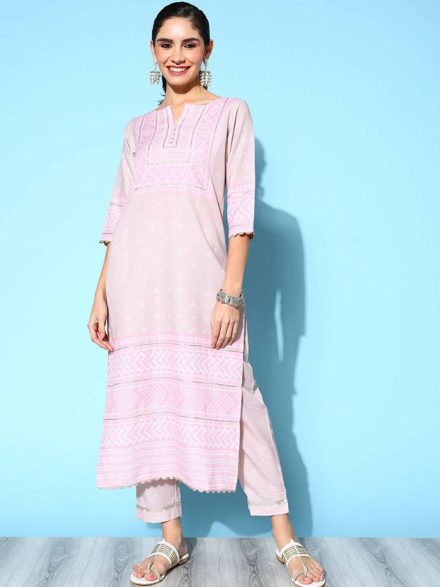 Ahalyaa Women's Beige Cotton Blend Printed Kurta Pant Set - Distacart