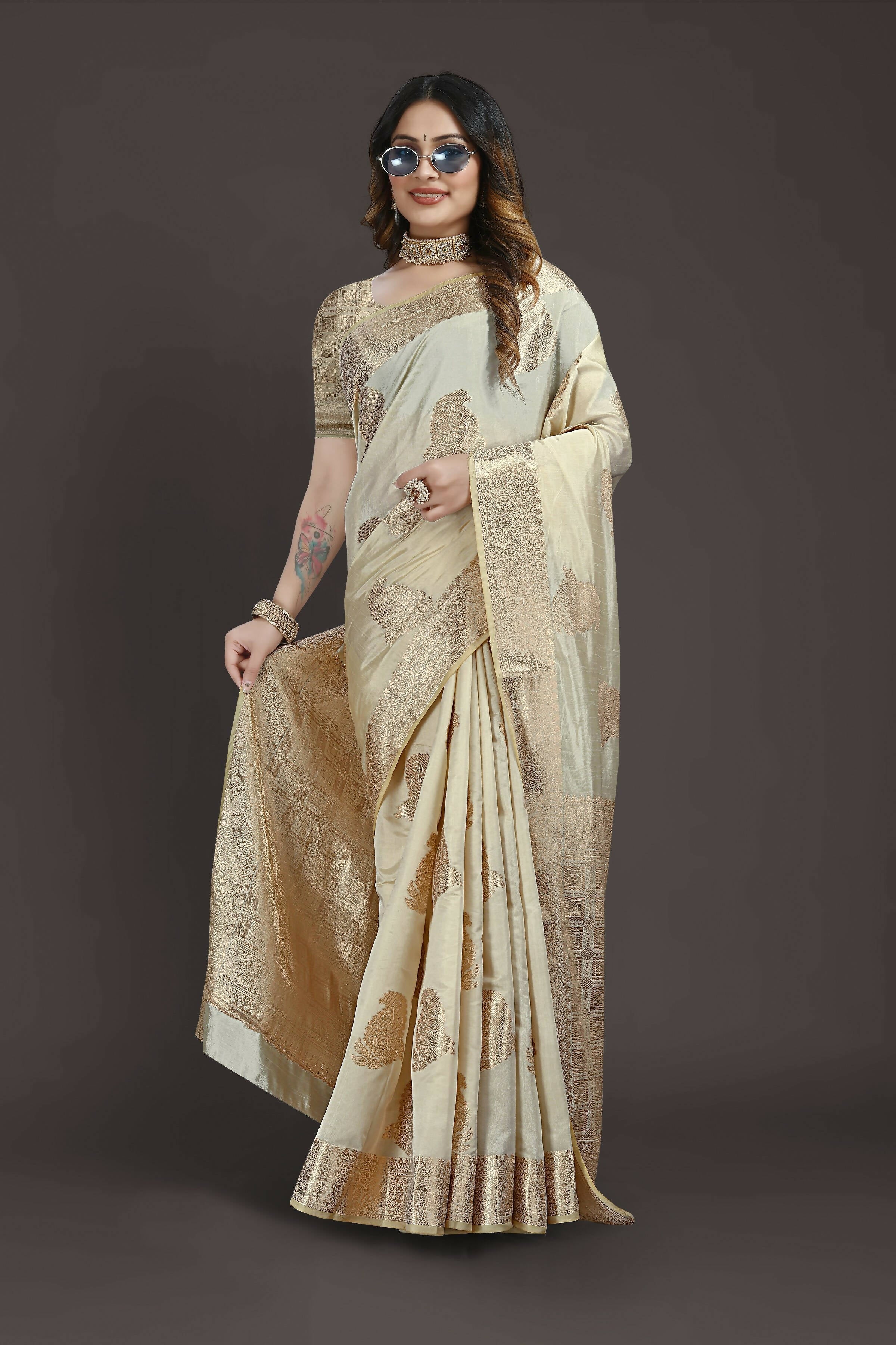 Off White Pure Raw Silk Zari Woven Saree with Unstitched Blouse Piece - Alisha