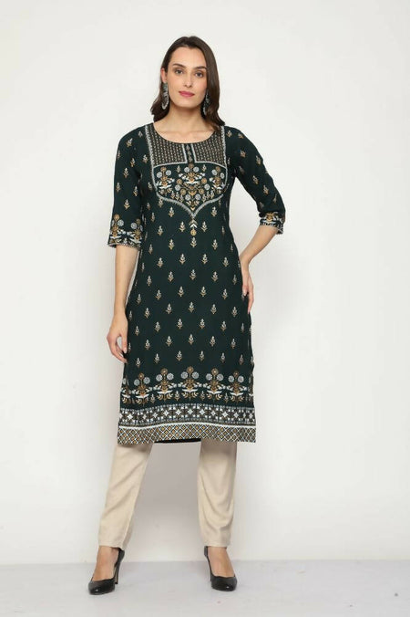 Maai Rayon Hand Printed Kurta Green