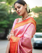 DEIANA'S Beautiful Designer Golden zari Soft Lichi Silk Saree - Peach