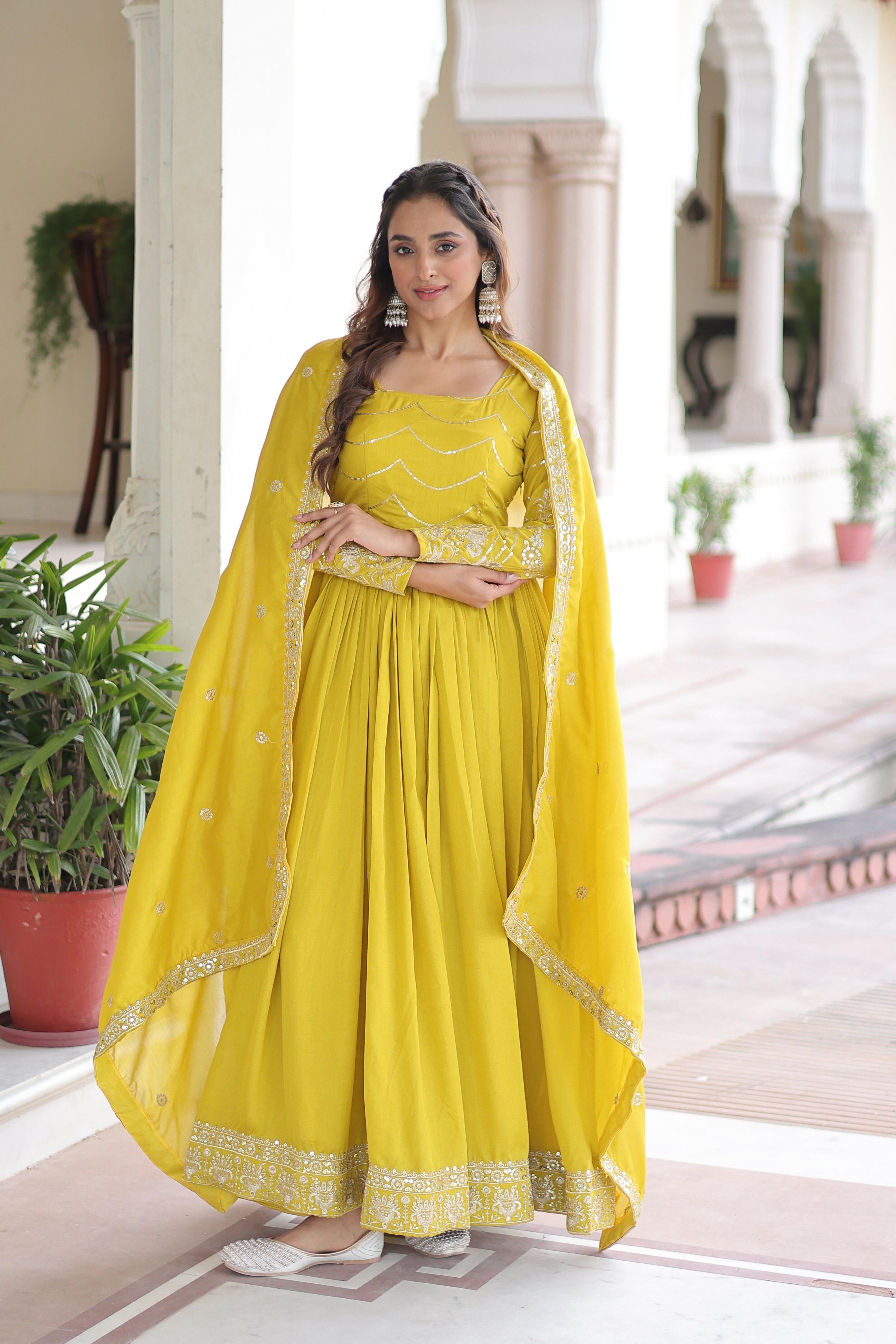 Joban Fashion Yellow Readymade Kurta Set With Sequence embroidery Work - Distacart