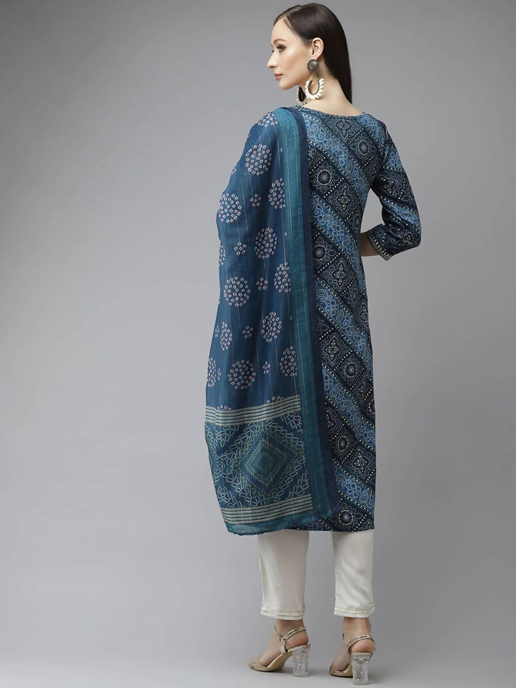Yufta Women Blue Bandhani Printed Regular Gotta Patti Kurta with Palazzo & With Dupatta