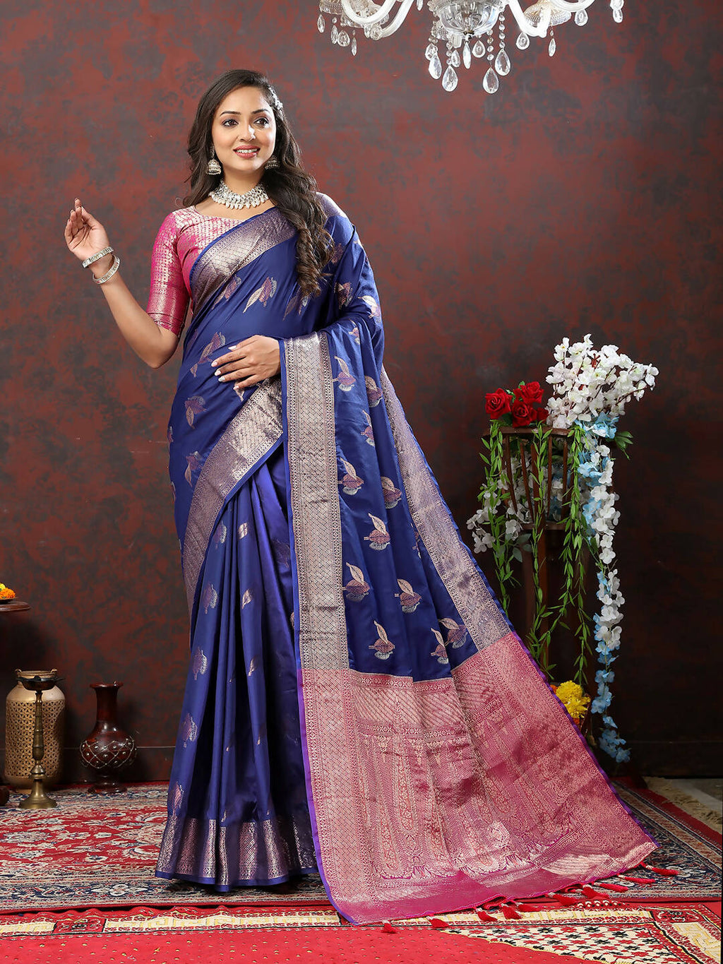 Lorenvalley Fashion Navyblue Soft Silk Woven Design Zari Weaving Saree
