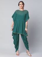 Ahalyaa Women Dark Green Crepe Glitter Printed Kurta with Dhoti Pants - Distacart