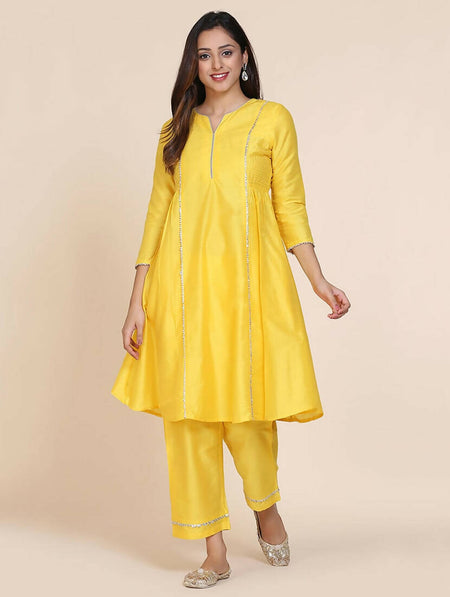 Cheera Women's Yellow Silk Blend With Gota Work Frock Dress With Silk Straight Pant Set