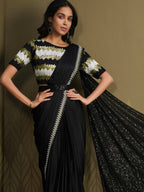 Black Crepe Silk Sequence Embroidered Saree With Stitched Blouse - Mohmanthan La Belle
