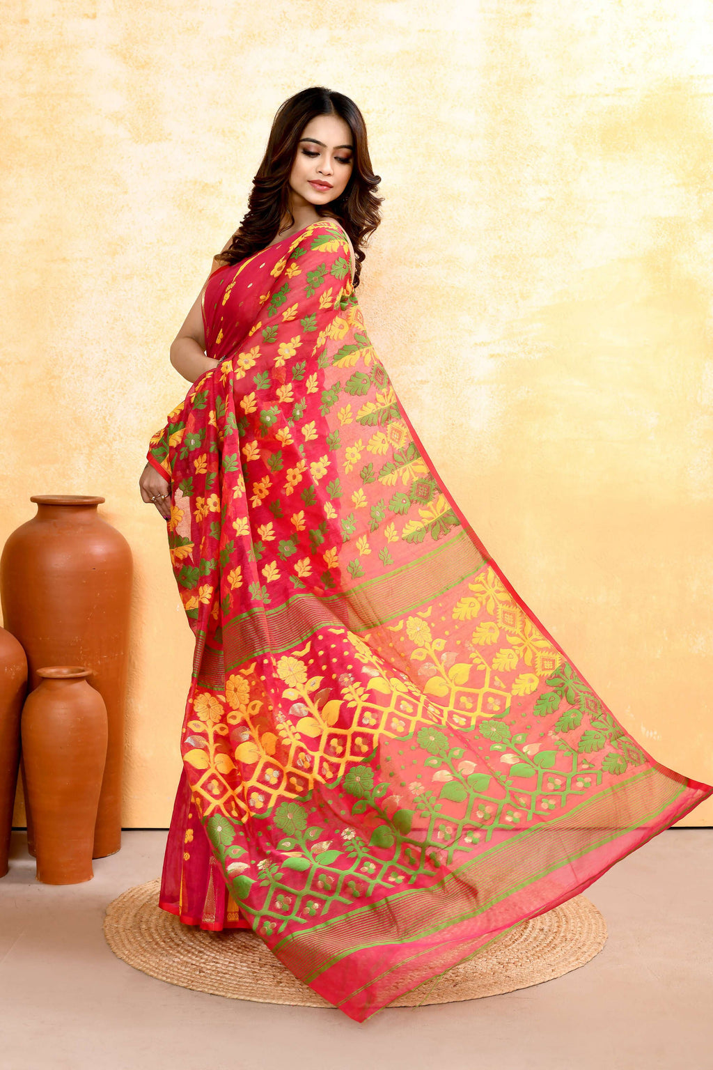 Piyari Fashion Women's Red Embellished Cotton Blend Jamdani Saree - Distacart