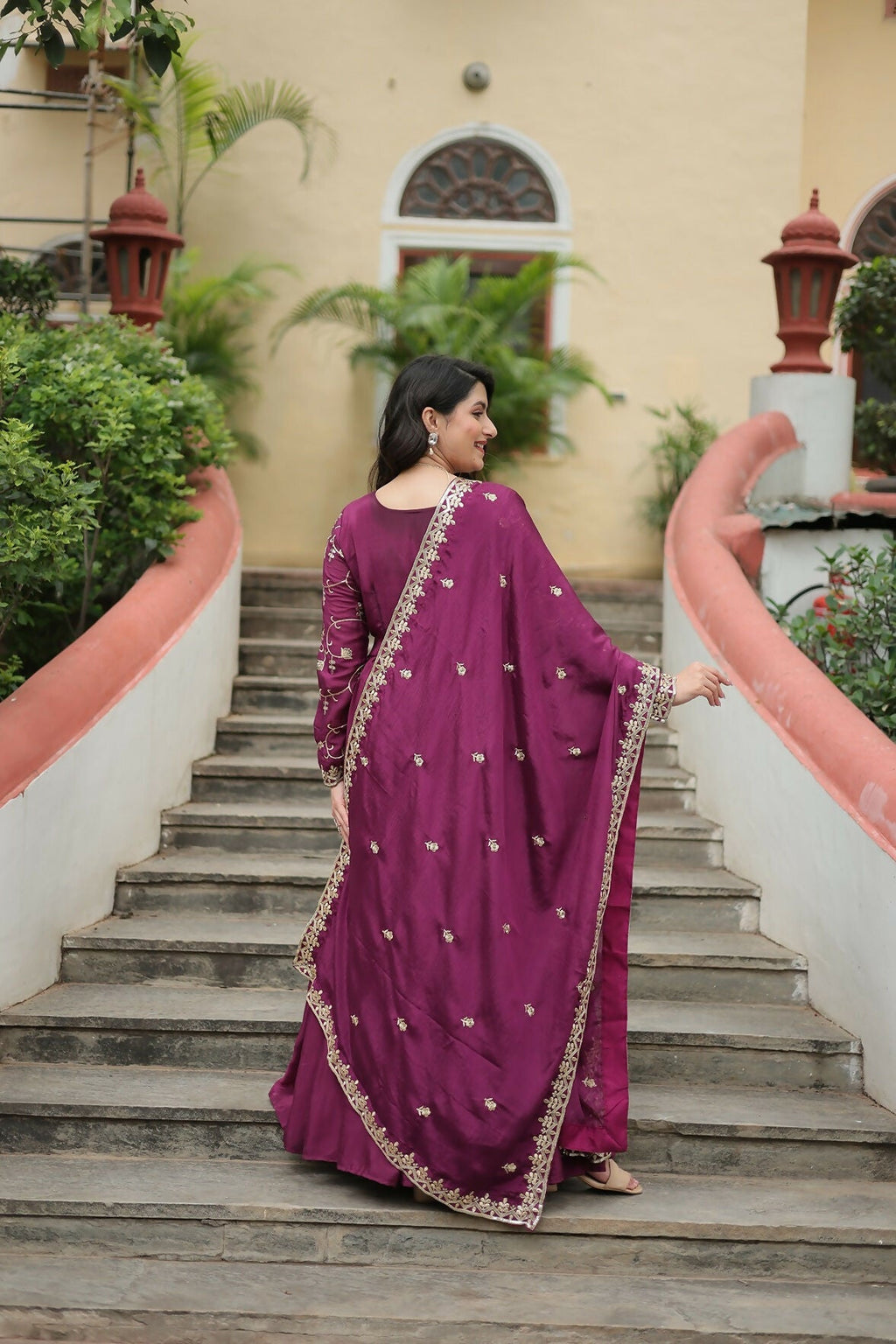 Joban Fashion Wine chinon Sequence Embroidery Work Kurta Set - Distacart