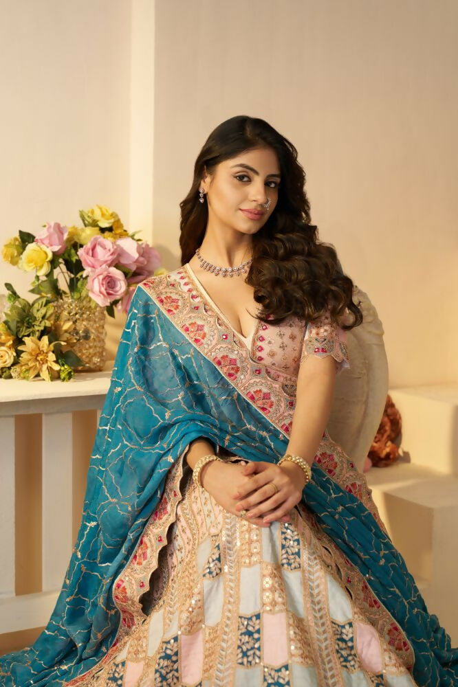 Kesar Fab Sky-Blue Silk Embroidered Lehenga