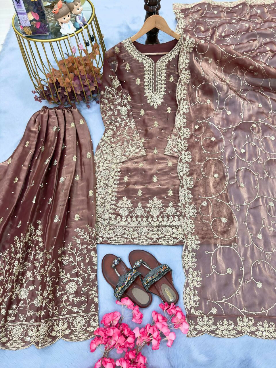 Teeya Creation Coffee Pure Silk Gimmy Silk Heavy Embroidery Work Wedding Wear Palazzo Pair - Distacart