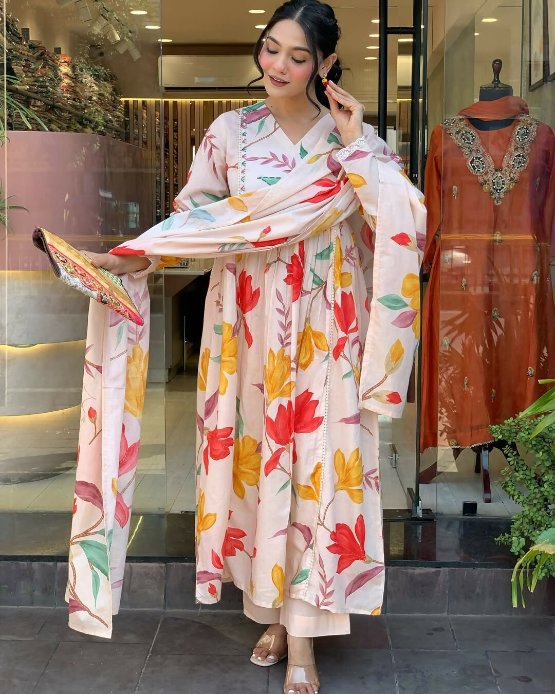 The52 Peach Women's Gorgeous Cotton Fabric Printed Work Straight Kurta Pant and Dupatta Set - Distacart