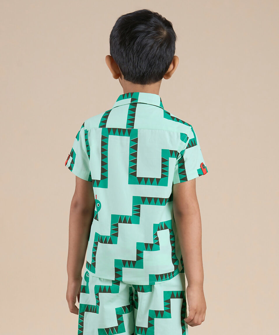 Snakes and Ladders Boys Green Table Print Shirt from Siblings Collection