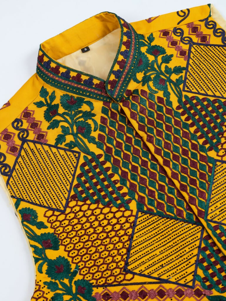 Vastranavya Yellow Exclusive Festival Viscose Silk Thread & Swarovski Embroidered Work Mens Wear Kurta & Koti