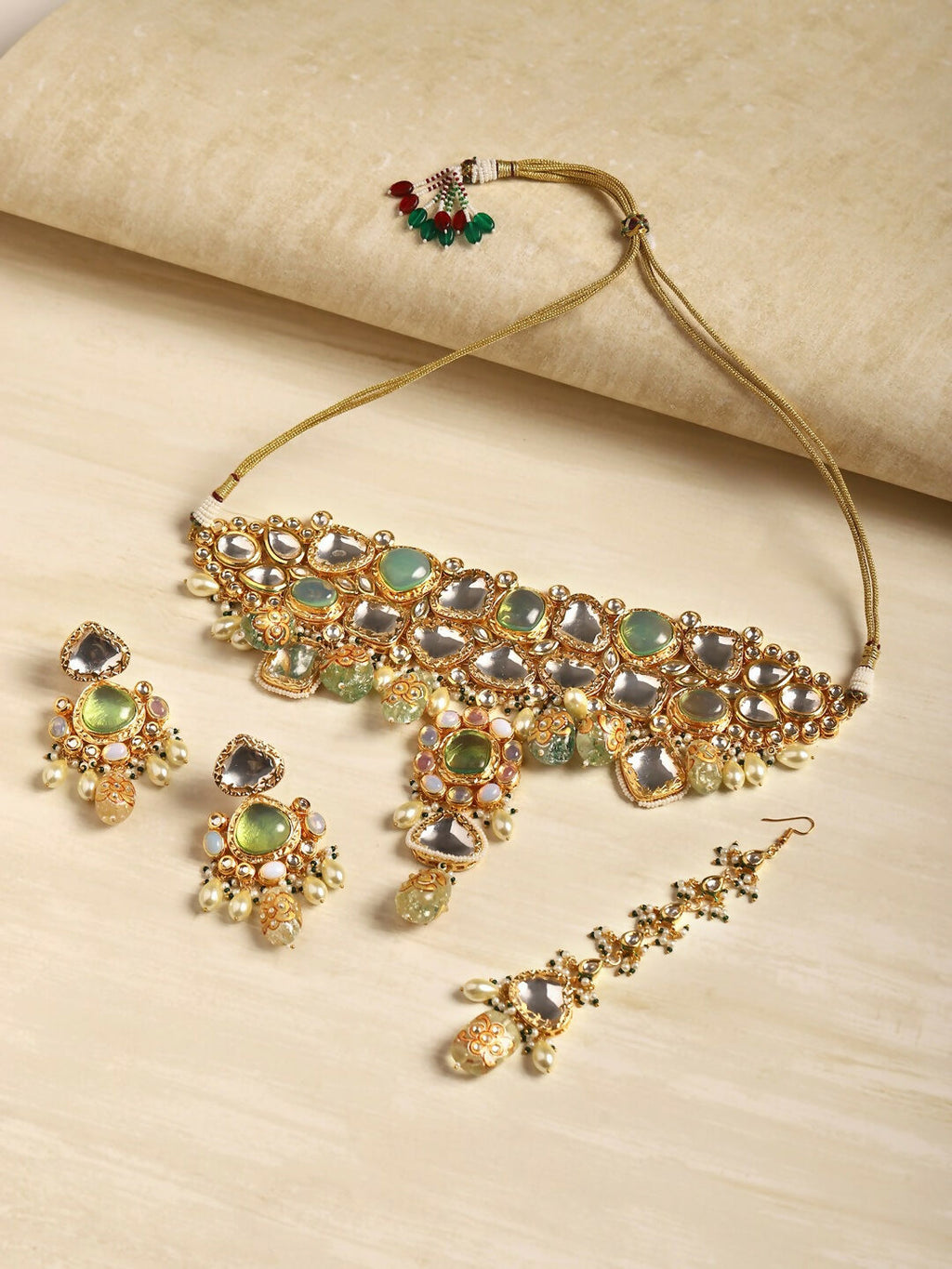 Green Maharani Kundan Neckpiece with Earrings and Maang Tikka- Ruby Raang