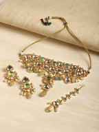 Green Maharani Kundan Neckpiece with Earrings and Maang Tikka- Ruby Raang