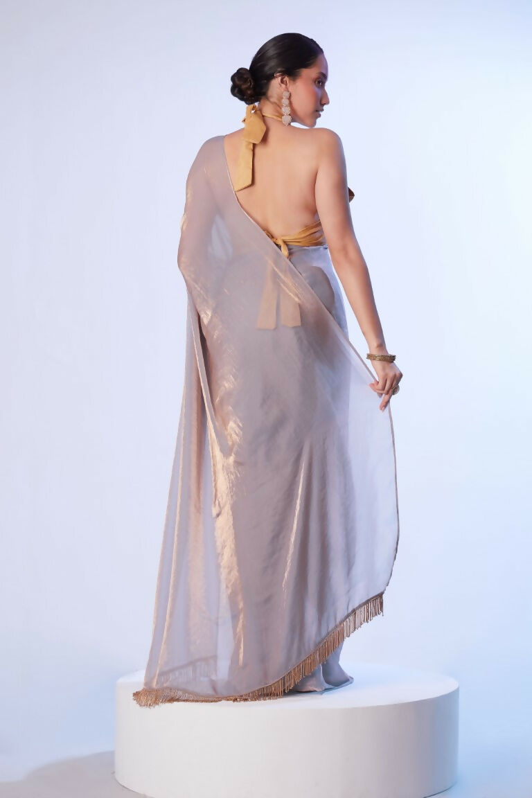 Lavender Satin Gold Organza Solid Designer & Lace Work Saree - Samaa