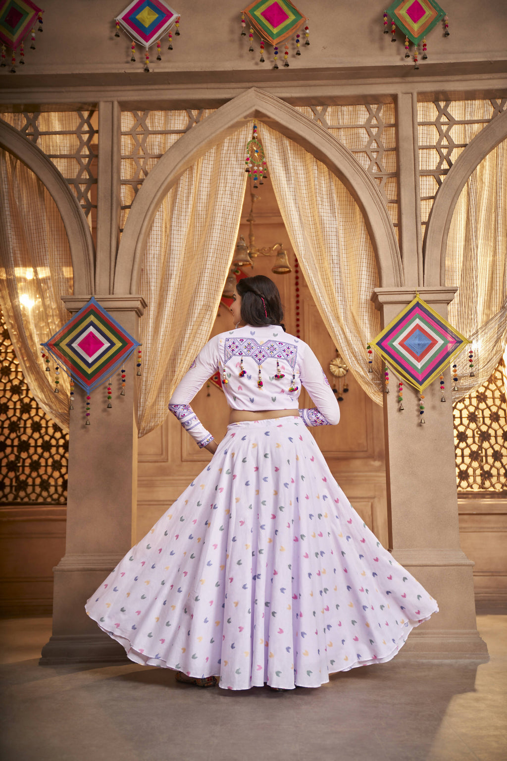 Lavender Cotton Jacquard Weaving Fabric Navratri Lehenga Choli With Dupatta - Raas