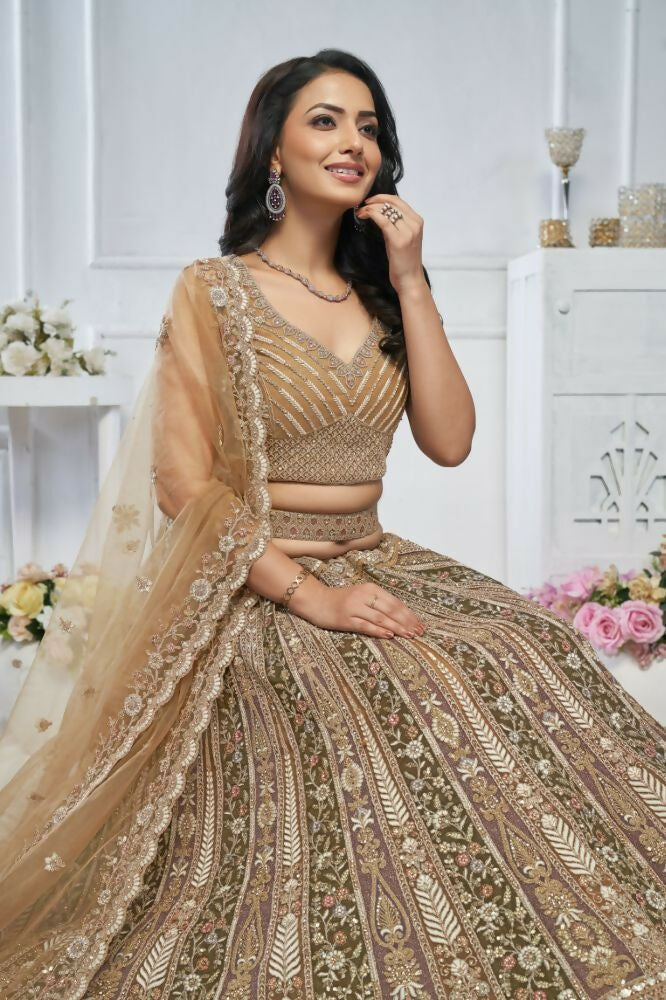 Kesar Fab Brown Net Embroidered Lehenga