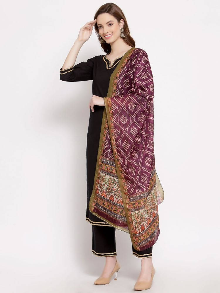 Myshka Women's Black Cotton Half Sleeve V Neck Solid Casual kurta Pant Dupatta Set