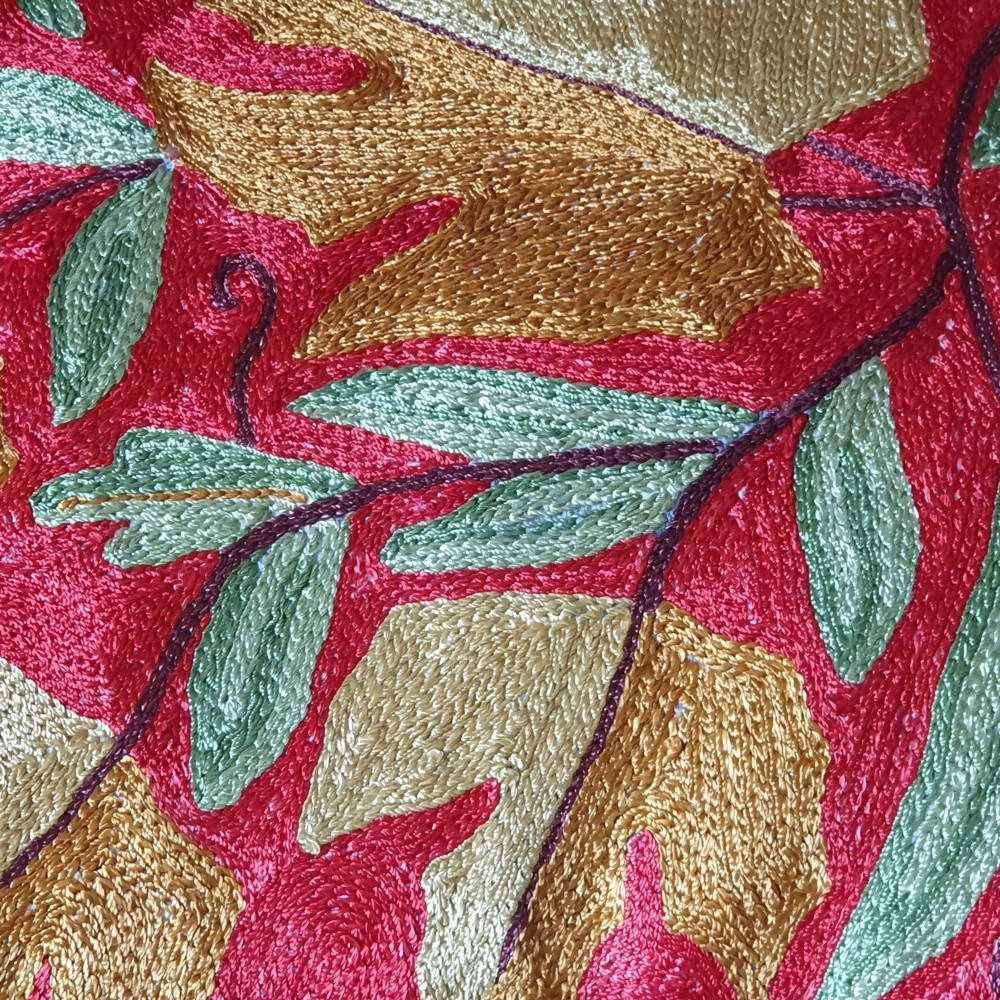 The Decor Nook Hand Embroidered Crewel Cushion Covers in Mustard Chinar Leaf Motif with Red Base