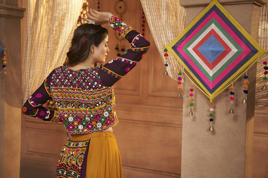 Mustared Yellow Viscose Rayon Thread Embroidered Work With Mirror All Over Navratri Lehenga Choli With Dupatta - Raas
