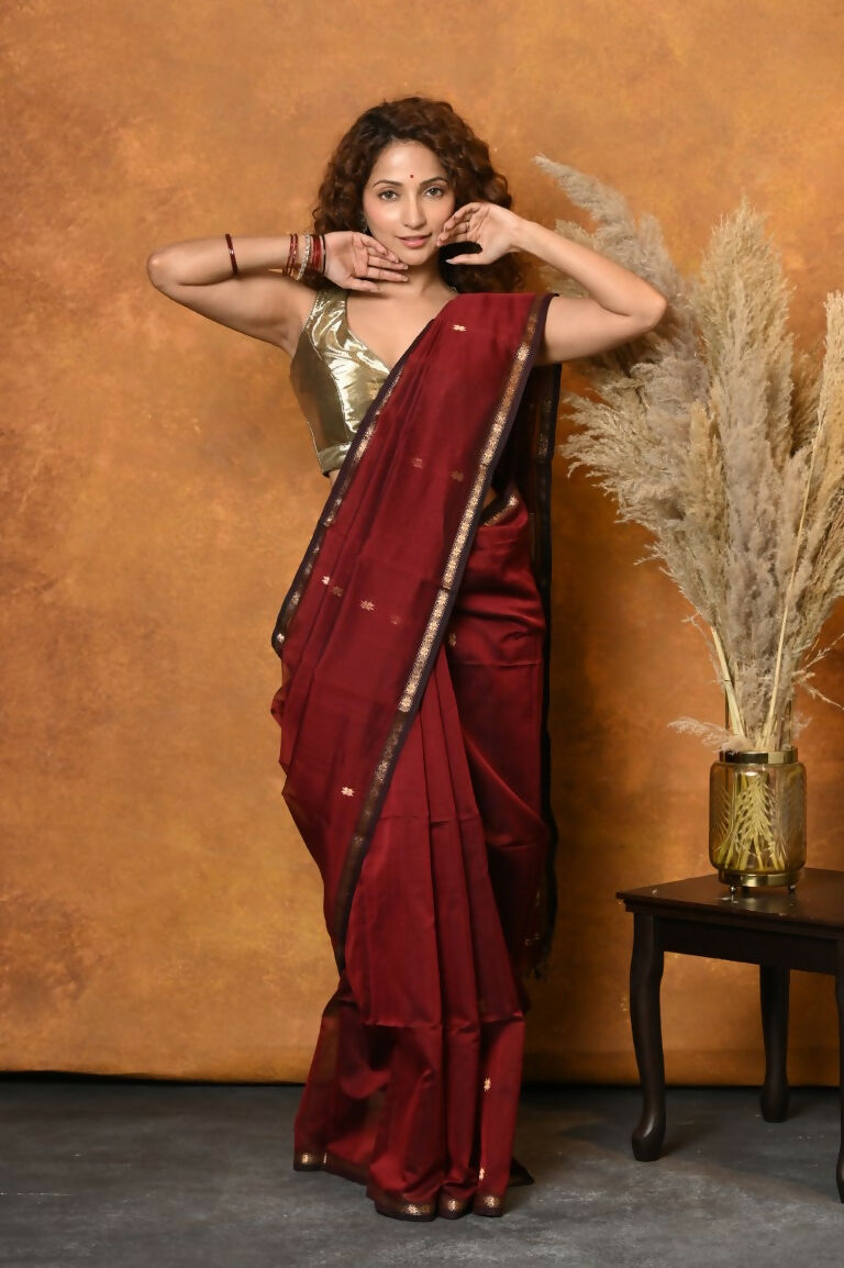 Very Much Indian Handloom Pure Cotton Silk Saree With Sleek Golden Border - Maroon
