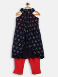 Ahalyaa Navy Printed Chanderi Silk Kids Kurta With Pant For Girls