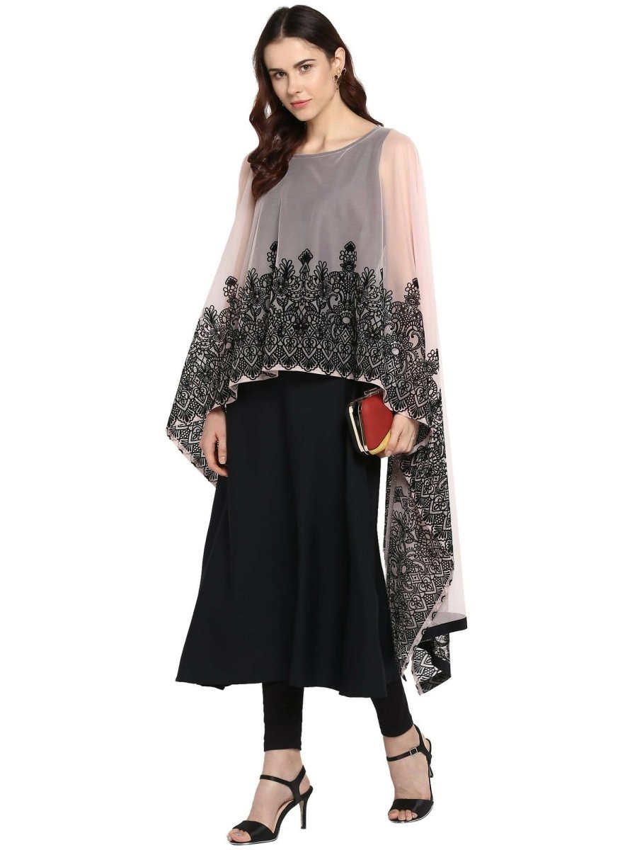 Ahalyaa Women's Beautiful Black Crepe Printed Kurta with Attached Dupatta - Distacart